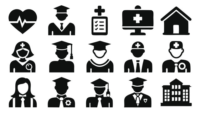 Healthcare professions and education icons depicting medical professionals and academic concepts