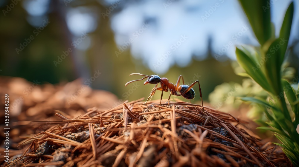 Aufkleber Ant Standing on Pine Needles in Macro View, Representing Nature's Resilience and Tiny Wonders