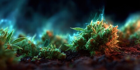Obraz premium Lush Cannabis Plants Growing in Dark Soil, Representing Natural Medicine and Alternative Therapies