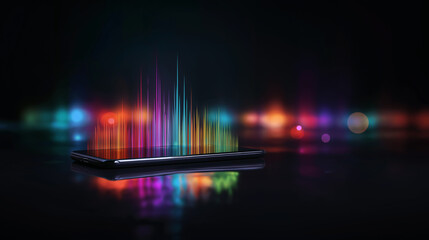Colorful holographic light waves emerging from smartphone screen on black background.
