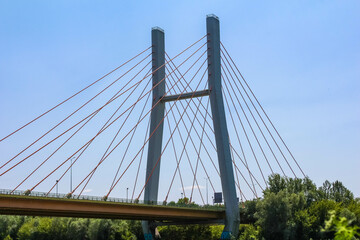 Modern cable-stayed bridge spans across river with blue sky and green trees framing the architectural structure