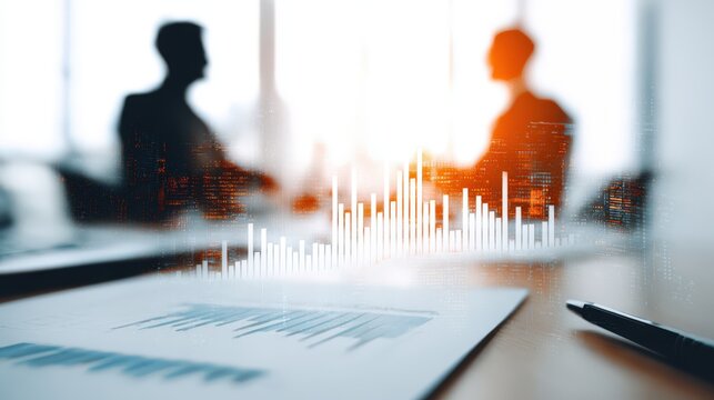 Business Meeting With Financial Graph Overlay, Representing Teamwork and Data Analysis