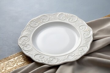 Close-Up of White Scalloped Plate with Ornate Edge on Gray Metallic Surface