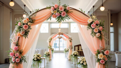 Fototapeta premium Beautiful floral arch arrangement for wedding stage decoration. Suitable for event planners searching for wedding inspiration and decor ideas.