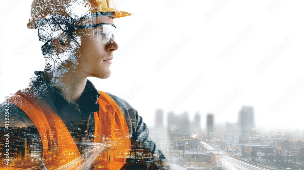 Poster construction worker profile with cityscape double exposure, representing urban development and progr