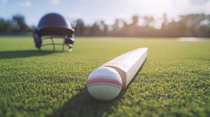 Cricket bat with white ball on green grass field, protective helmet in background. Summer daylight game preparation scene, outdoor sports equipment ready for match