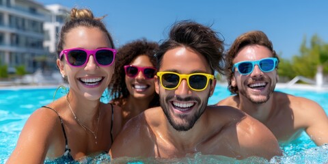 Group of Friends Smiling in Swimming Pool Wearing Sunglasses, Representing Summer Fun and Vacation