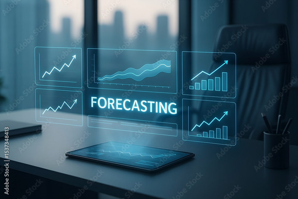 Poster modern business forecasting concept depicting financial analysis with holographic charts on a tablet