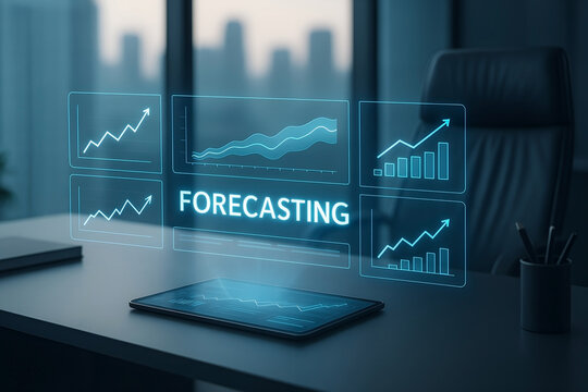 Modern business forecasting concept depicting financial analysis with holographic charts on a tablet display in a corporate office setting