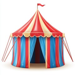 A colorful circus tent with red, blue, and beige vertical stripes, pitched with ropes and topped with a small red flag.