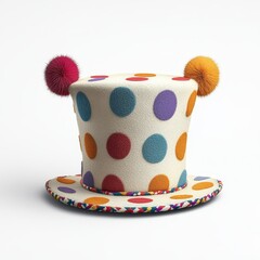 A colorful, textured top hat with multicolored polka dots and two fuzzy pom-poms on either side, set against a plain white background.