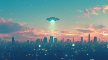 ufo : Futuristic skyline with a UFO hovering over a city at sunset. AI-generated.
