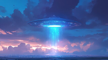 Obraz premium ufo : UFO descending from clouds with a vibrant sunset backdrop. AI-generated.