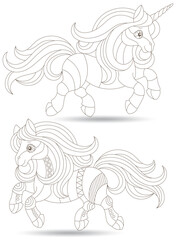 A set of contour illustrations in the style of a stained glass window with cute horse and unicorn, dark outlines on a white background