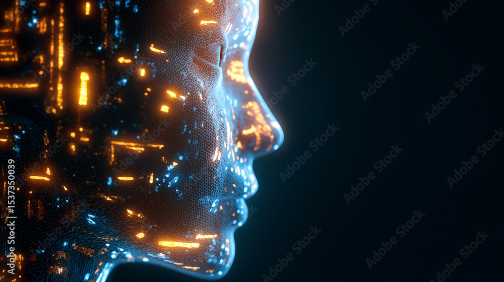 Poster digital human face dissolving into glowing particles with intense golden light beams emanating from 