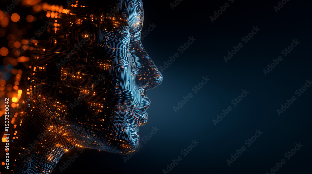 Poster close-up of a digital human face with glowing blue and orange data streams representing artificial i