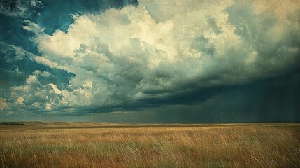 Dramatic, textured image of a vast, flat prairie under a brooding, stormy sky; rain falls in the distance, creating a moody, atmospheric landscape