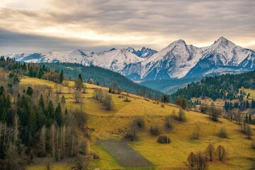Beautiful autumn rural landscape. Photo taken in Osturna, Slovakia.  Tourist view during autumn hiking. Belianske Tatras, Slovakia, Poland.