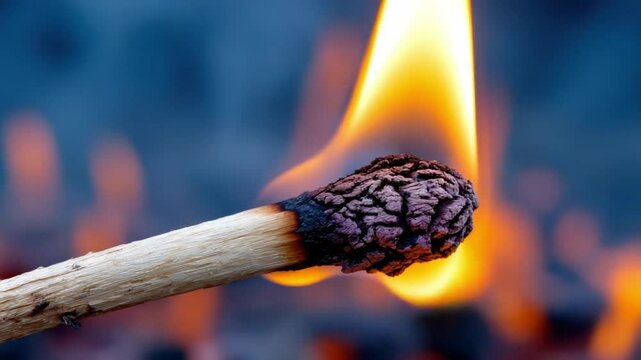 Burning matchstick on fire background.Matchstick is burning with a blurred fire in the background