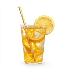 A refreshing glass of iced lemon tea with ice cubes, a lemon slice, and a striped straw on a white background.