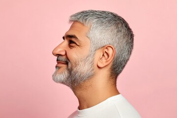 Obraz premium A cheerful and glowing gentleman with a relaxed demeanor. Idea of style for aging men. Modish men's textured crop haircut - midlife middle eastern man with short hair. Pink solid background.