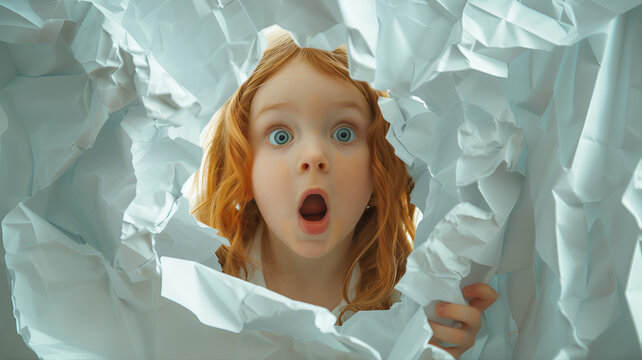 Little girl looking through a hole in paper wall. Portrait of a child sneaky peaky with a suprise face looking through a broken paper wall