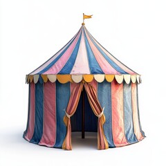Striped pink, blue, and yellow circus tent with open entrance, isolated on white, ideal for carnival or fairground themes.
