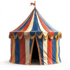 A colorful medieval-style striped tent with red, blue, yellow, and white panels, featuring a pointed roof topped by a red flag.