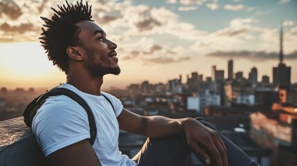 African american man looks thoughtfully into the distance, with a city skyline at sunset behind him. The scene captures a moment of reflection and urban beauty, middle age problems concept.