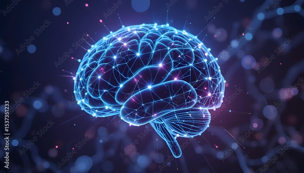Poster glowing digital brain made of interconnected nodes and lines on a dark futuristic background.