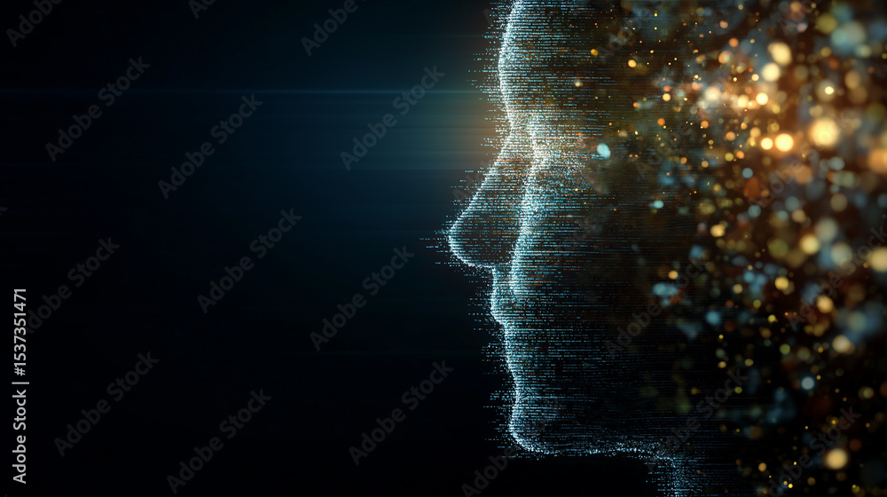 Aufkleber close-up of a digital human face with glowing blue and orange data streams representing artificial i