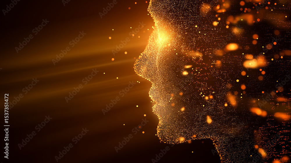 Poster digital human face dissolving into glowing particles with intense golden light beams emanating from 