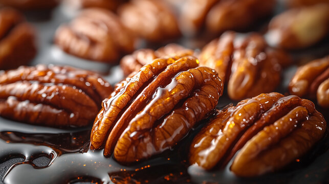 Pecan nuts drizzled with caramel syrup on a dark background showcasing a delicious dessert ingredient