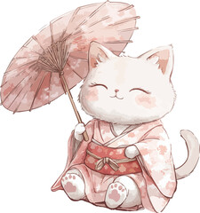 A cheerful white cat wearing a traditional pink floral kimono sits holding a Japanese umbrella, radiating a serene and joyful vibe.