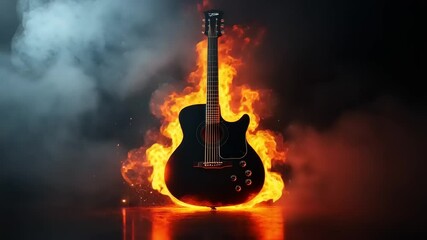 An acoustic guitar surrounded by flames, creating a dramatic visual effect with smoke