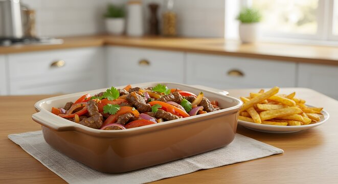 A ceramic casserole of lomo saltado with crispy fries on a kitchen table