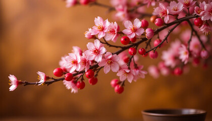 Obraz premium Delicate pink cherry blossoms gracefully branch out against a warm brown backdrop, showcasing springtime beauty and floral elegance in a stunning nature photograph.