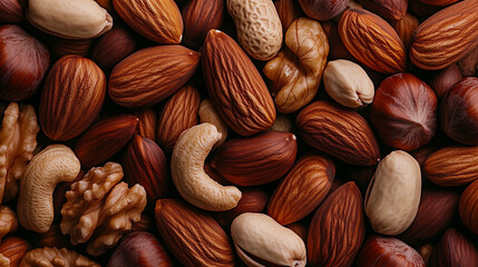 Various types of nuts displayed together in a close-up view showcasing their unique textures and colors