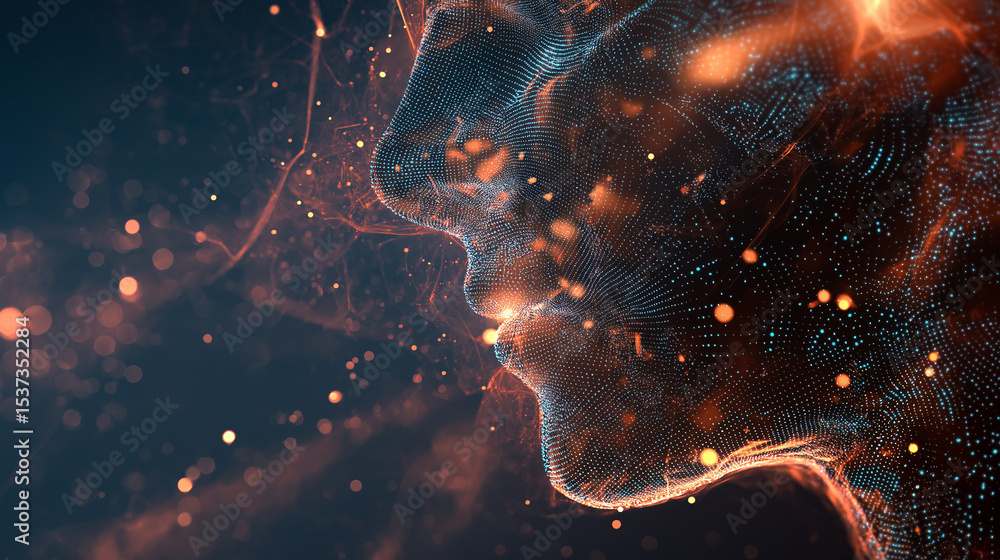 Poster digital human face dissolving into glowing particles with intense golden light beams emanating from 