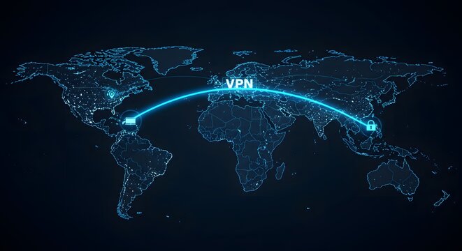 VPN tunnel arc connecting global nodes map