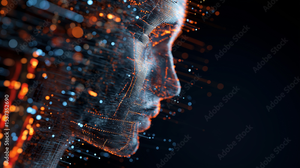 Poster digital human face composed of glowing blue and orange data streams, representing artificial intelli