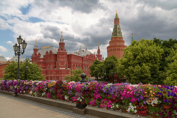 Manezhnaya Square, decorated with colorful bright petunia flowers for the Russia Day holiday. Moscow, Russia