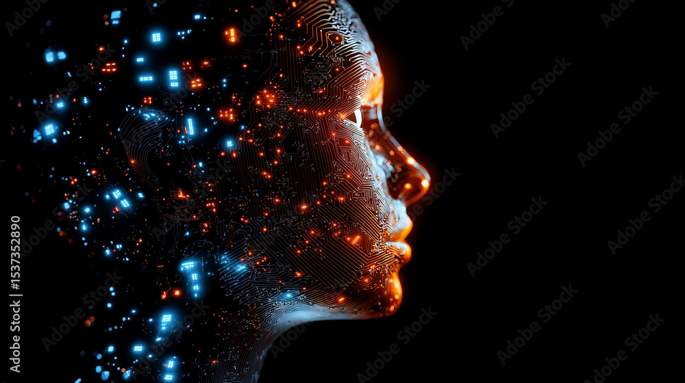 Poster digital human face composed of glowing blue and orange data streams, representing artificial intelli