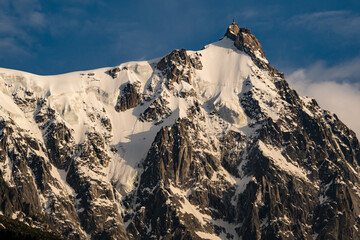 Aiguilles du Midi at the Mont Blanc in the French Alps surrounded by glacier Ice