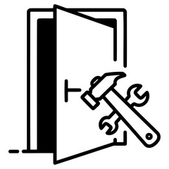 Door repair icon with tools, open door illustration, minimalistic line art
