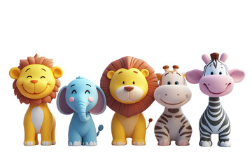 Group of Playful cartoon wild animals jumping and dancing, isolated on transparent background.