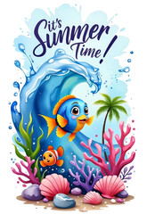 Дизайн беPlayful illustration featuring colorful fish amidst vibrant pink and purple coral, with seashells and stones at the bottom.з названия - 1