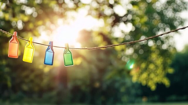 Bright clothespins on line bottle shaped colorful against blurry green background