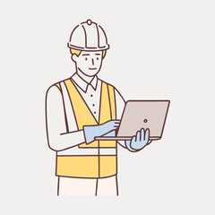 male engineer wearing a vest, glove, helmet for safe, He standing and smiling happily into the factory while his hand is holding the laptop  vector design illustrations