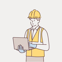 male engineer wearing a vest, glove, helmet for safe, He standing and smiling happily into the factory while his hand is holding the laptop  vector design illustrations